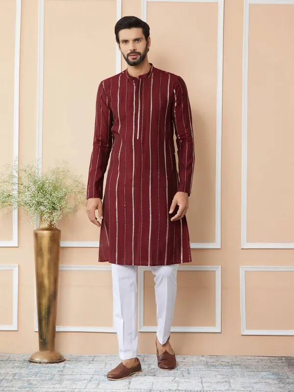 Maroon_Sequins_Embroidered_Pure_Chanderi_Silk_Straight_Kurta