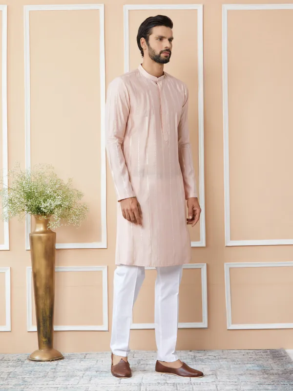 Light_Pink_Sequins_Embroidered_Pure_Chanderi_Silk_Straight_Kurta_With_Pyjama