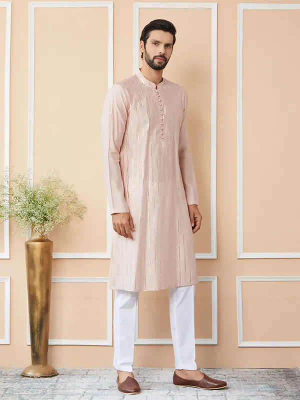 Light_Pink_Sequins_Embroidered_Pure_Chanderi_Silk_Straight_Kurta_with_Pyjama