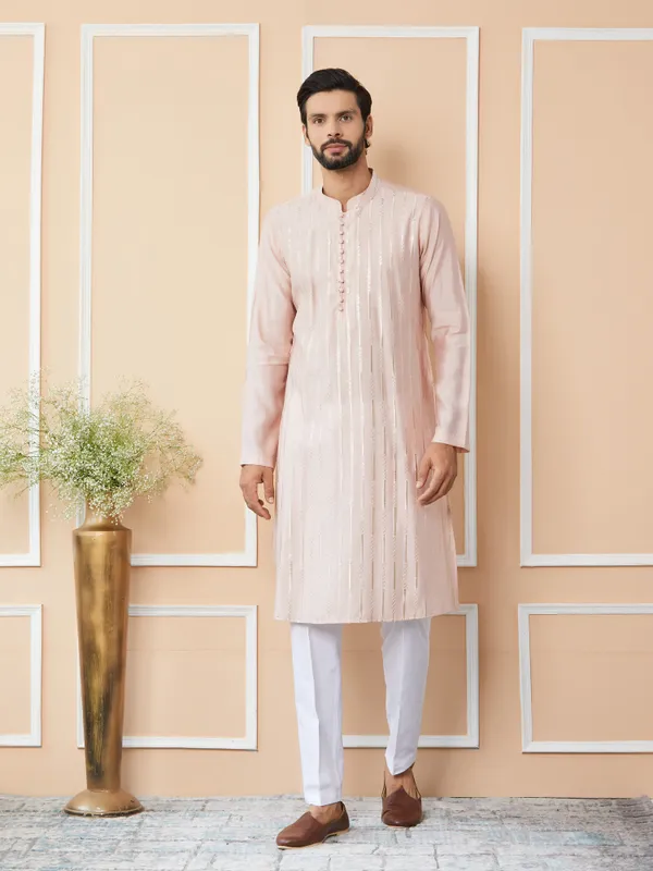 Light_Pink_Sequins_Embroidered_Pure_Chanderi_Silk_Straight_Kurta_with_Pyjama