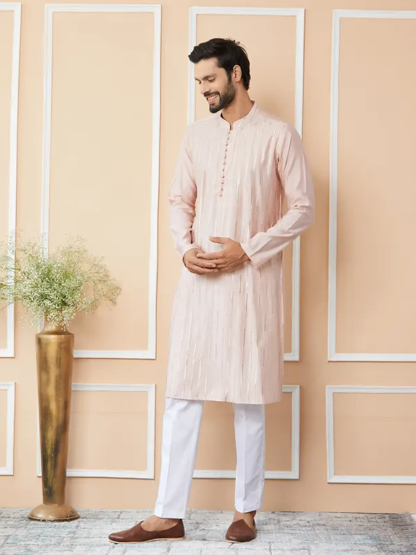 Light_Pink_Sequins_Embroidered_Pure_Chanderi_Silk_Straight_Kurta_with_Pyjama