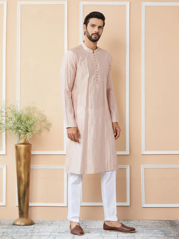 Light_Pink_Sequins_Embroidered_Pure_Chanderi_Silk_Straight_Kurta_with_Pyjama