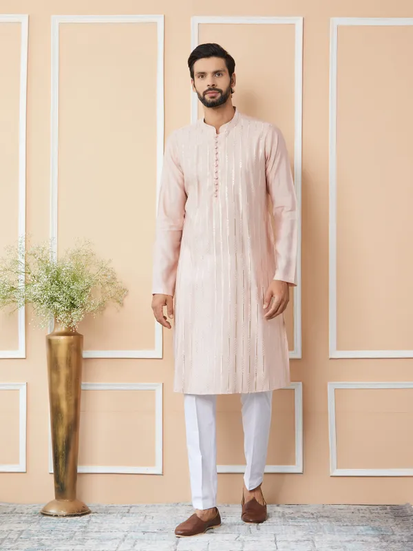 Light_Pink_Sequins_Embroidered_Pure_Chanderi_Silk_Straight_Kurta_with_Pyjama