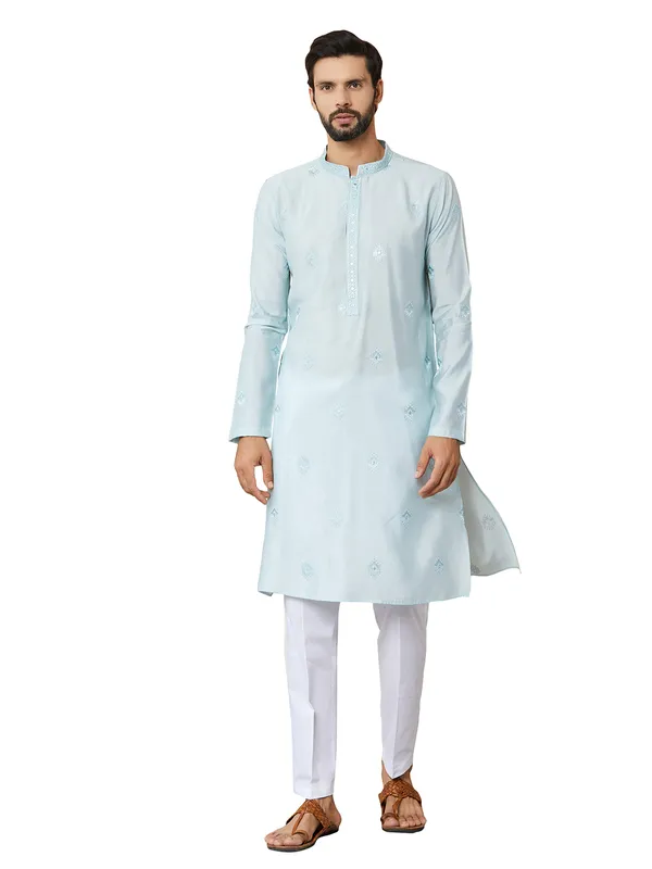 Light_Cyan_Embroidered_Pure_Chanderi_Silk_Straight_Kurta_With_Pyjama