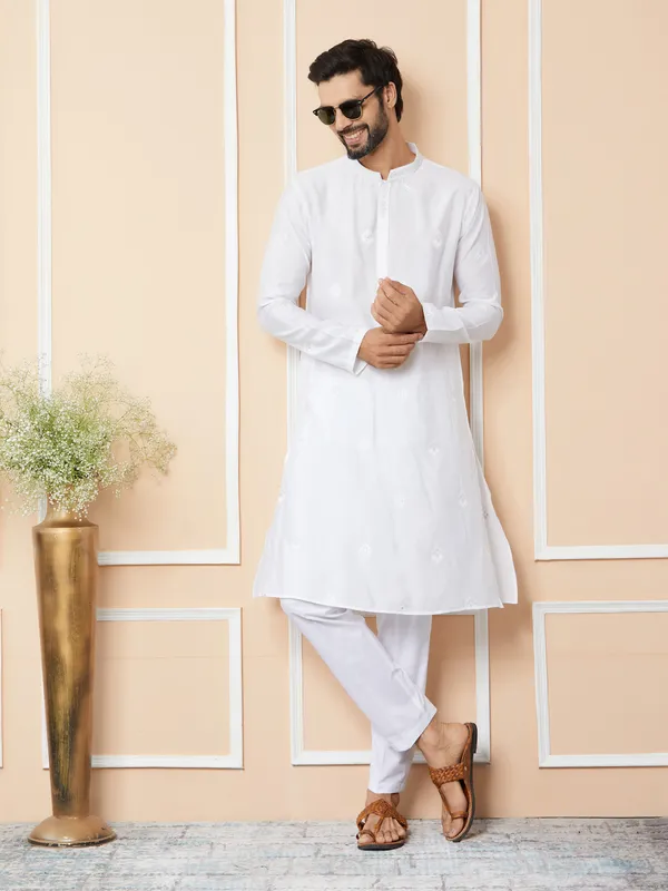 White_Embroidered_Pure_Chanderi_Silk_Straight_Kurta_With_Pyjama