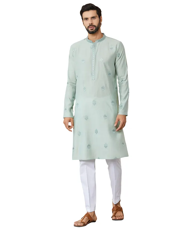 Peppermint_Green_Embroidered_Pure_Chanderi_Silk_Straight_Kurta_With_Pyjama