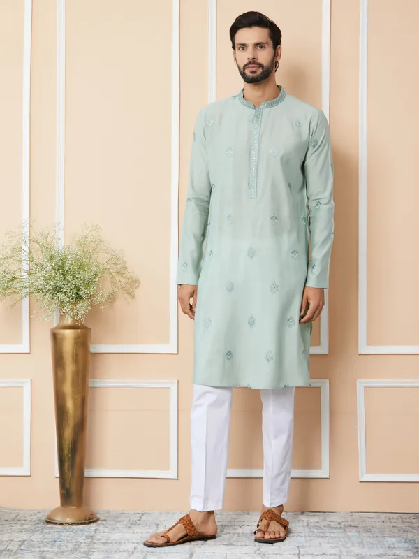 Peppermint_Green_Embroidered_Pure_Chanderi_Silk_Straight_Kurta_With_Pyjama