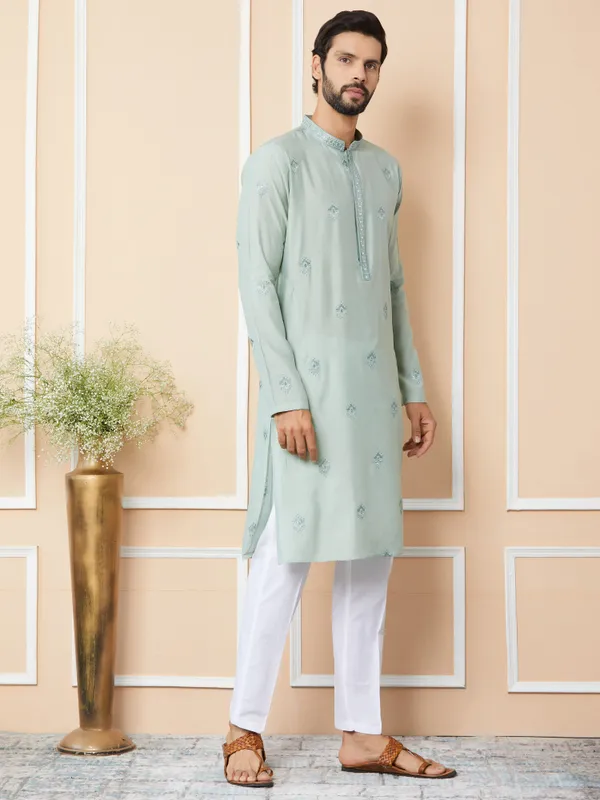 Peppermint_Green_Embroidered_Pure_Chanderi_Silk_Straight_Kurta_With_Pyjama