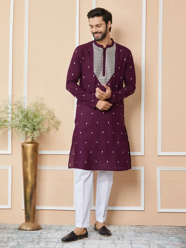 Purple_Sequins_Embroidered_Rayon_Straight_Kurta_With_Yoke_Design_And_Pyjama