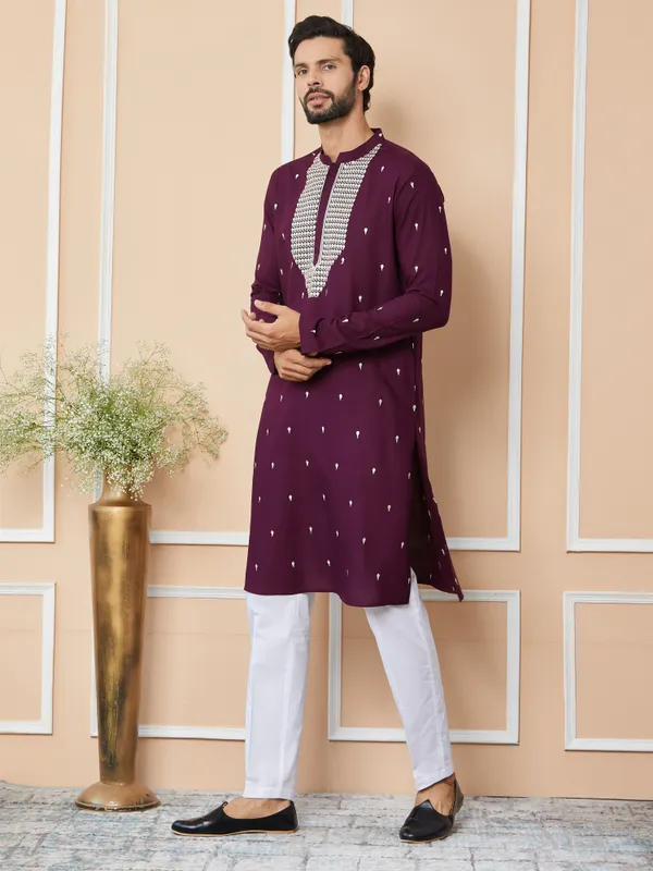 Purple_Sequins_Embroidered_Rayon_Straight_Kurta_With_Yoke_Design_And_Pyjama