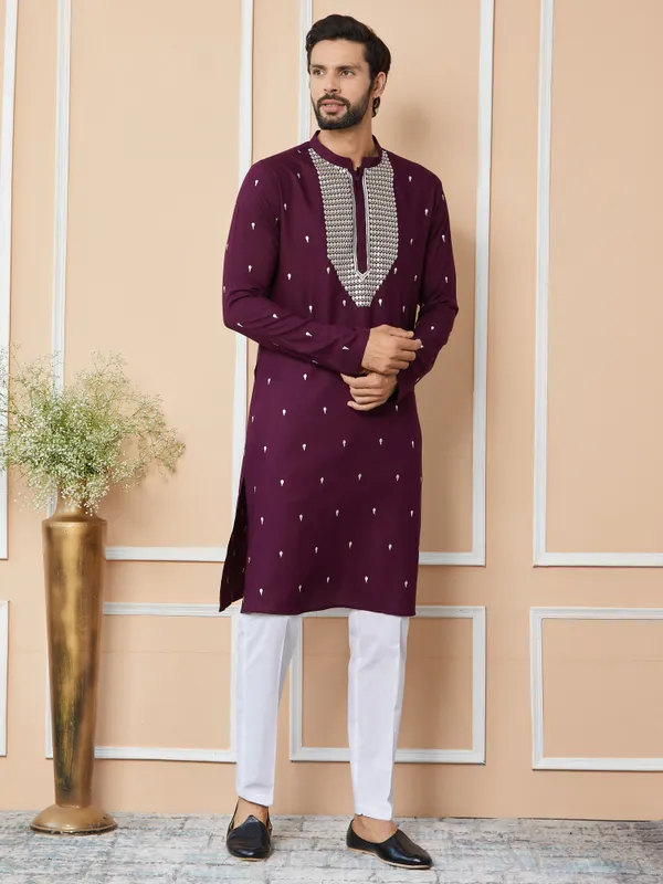 Purple_Sequins_Embroidered_Rayon_Straight_Kurta_With_Yoke_Design_And_Pyjama