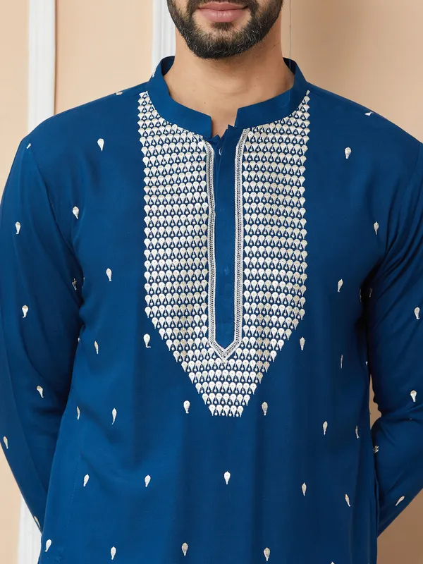Royal_Blue_Sequins_Embroidered_Rayon_Straight_Kurta_With_Yoke_Design_And_Pyjama