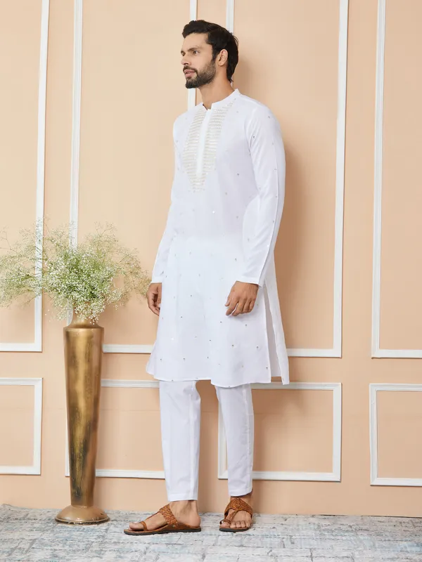 White_Sequins_Embroidered_Rayon_Straight_Kurta_With_Yoke_Design_And_Pyjama