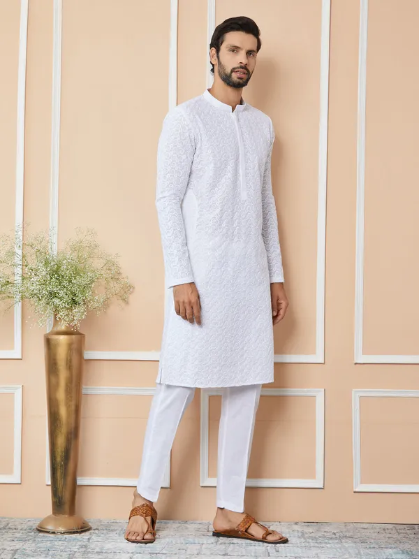 White_Embroidered_Chikankari_Pure_Cotton_Straight_Kurta_with_Pyjama