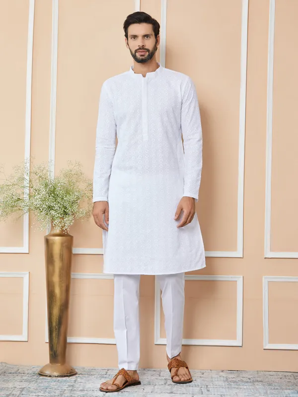 White_Embroidered_Chikankari_Pure_Cotton_Straight_Kurta_with_Pyjama