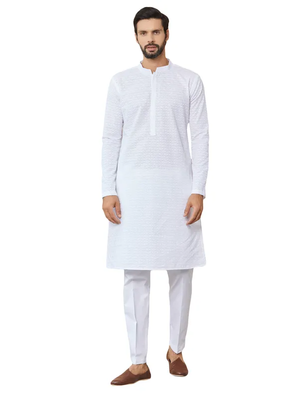 White_Embroidered_Chikankari_Pure_Cotton_Straight_Kurta_With_Pyjama