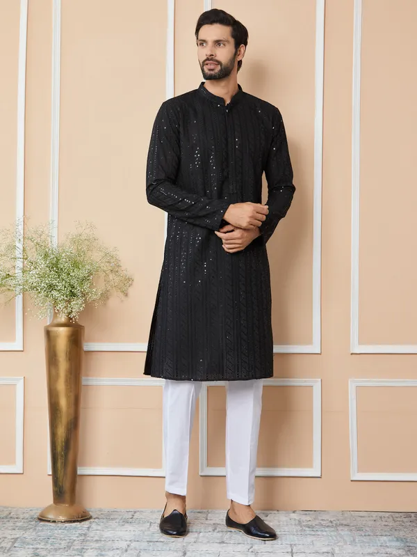 Black_Sequins_Embroidered_Chikankari_Pure_Cotton_Straight_Kurta_With_Pyjama