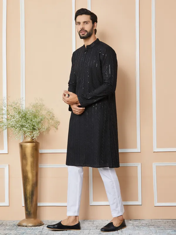 Black_Sequins_Embroidered_Chikankari_Pure_Cotton_Straight_Kurta_With_Pyjama