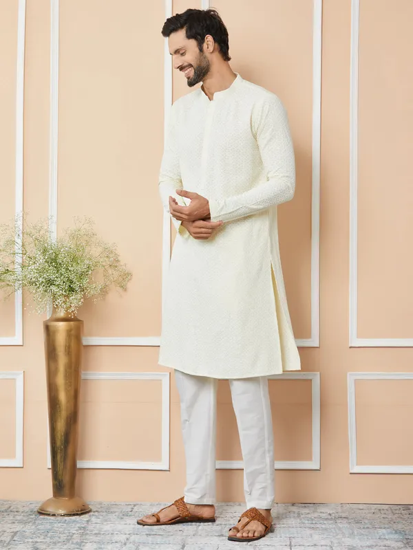 Cream_Embroidered_Chikankari_Rayon_Straight_Kurta_with_Pyjama