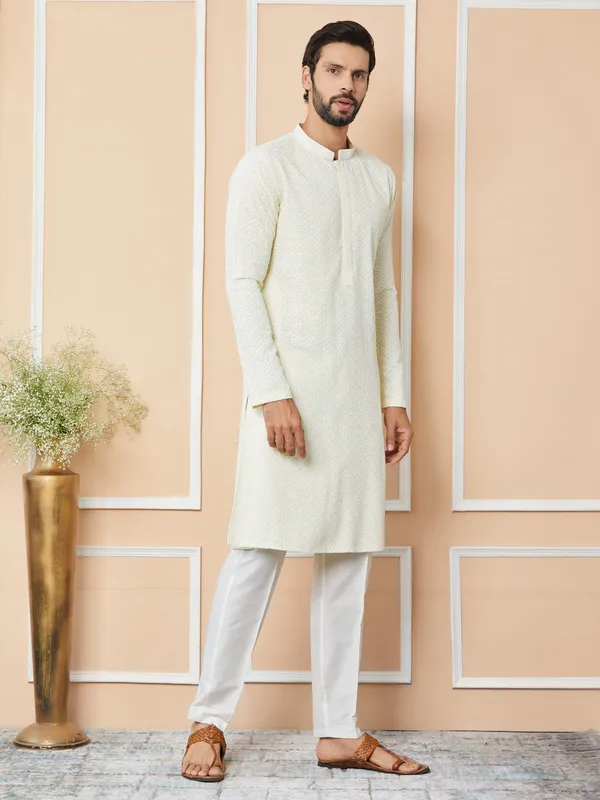 Cream_Embroidered_Chikankari_Rayon_Straight_Kurta_with_Pyjama