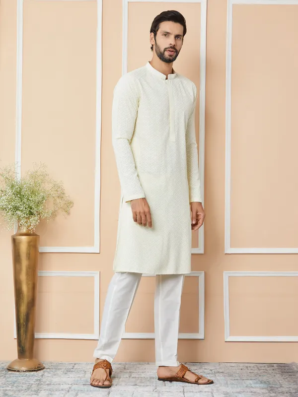 Cream_Embroidered_Chikankari_Rayon_Straight_Kurta_With_Pyjama