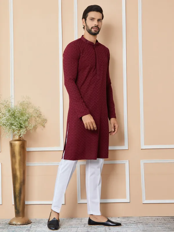 Maroon_Embroidered_Chikankari_Rayon_Straight_Kurta_With_Pyjama