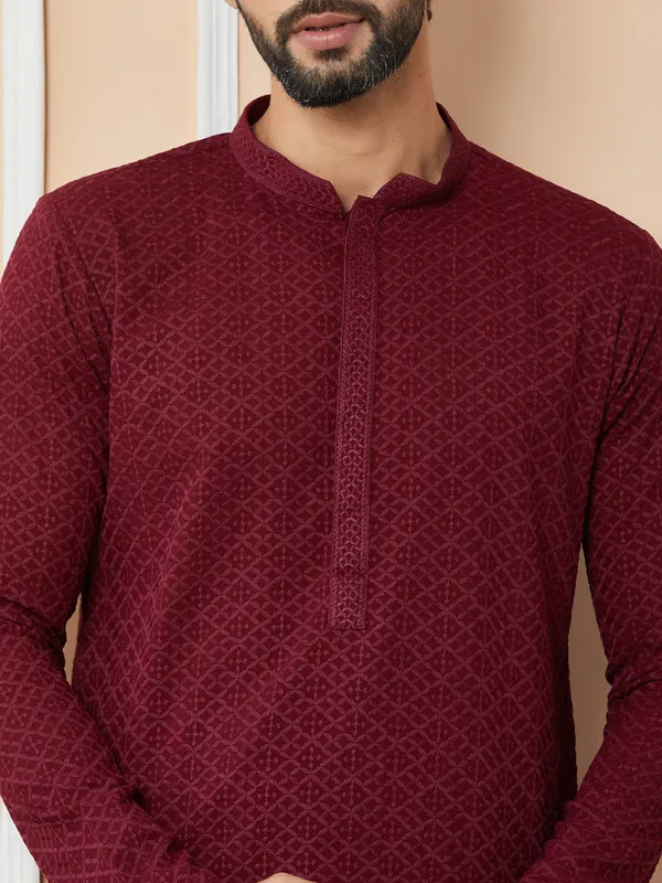 Maroon_Embroidered_Chikankari_Rayon_Straight_Kurta_With_Pyjama