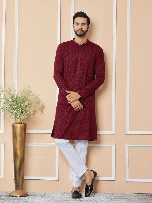 Maroon_Embroidered_Chikankari_Rayon_Straight_Kurta_with_Pyjama