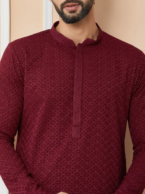 Maroon_Embroidered_Chikankari_Rayon_Straight_Kurta_with_Pyjama