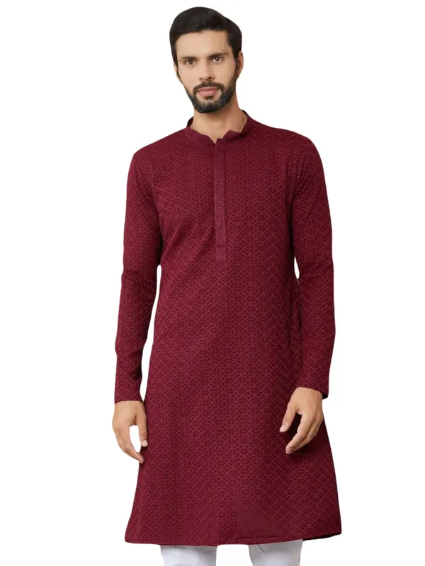 Maroon_Embroidered_Chikankari_Rayon_Straight_Kurta