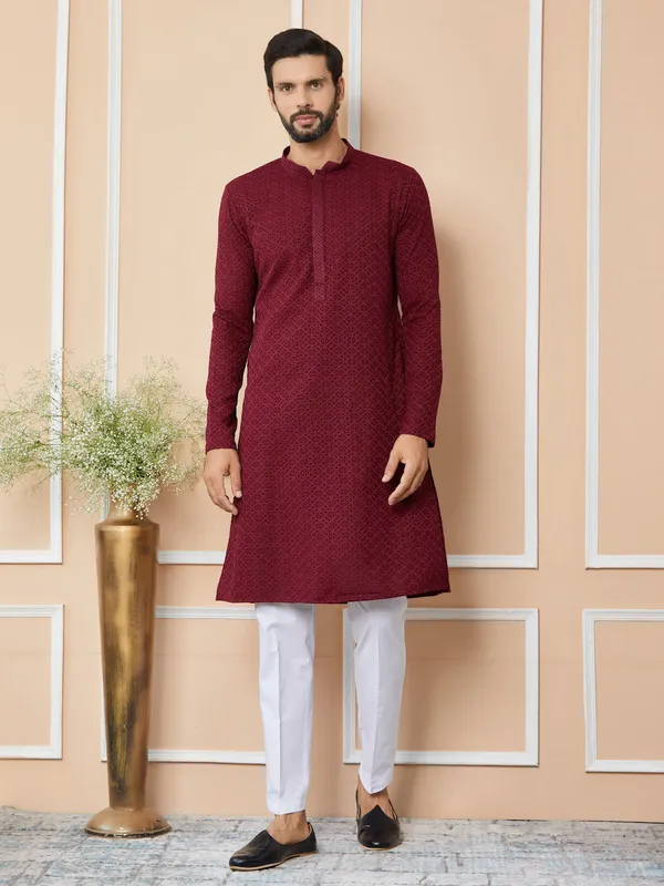 Maroon_Embroidered_Chikankari_Rayon_Straight_Kurta
