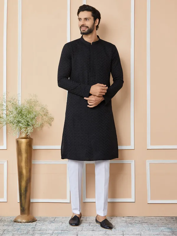 Black_Embroidered_Chikankari_Rayon_Straight_Kurta_with_Pyjama