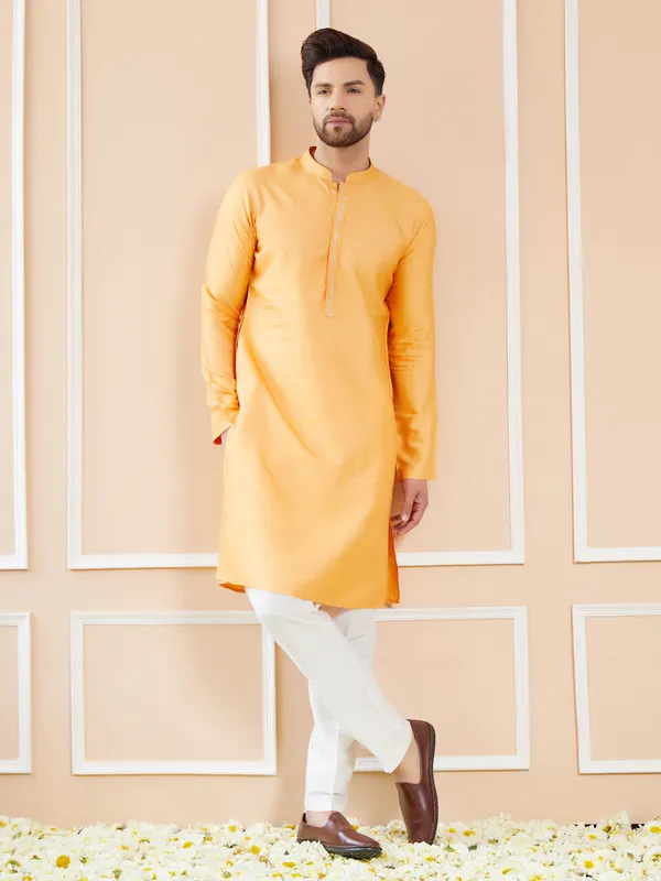 Peach_Orange_Chanderi_Silk_Straight_Kurta_With_Embroidered_Neckline_&_Pyjama
