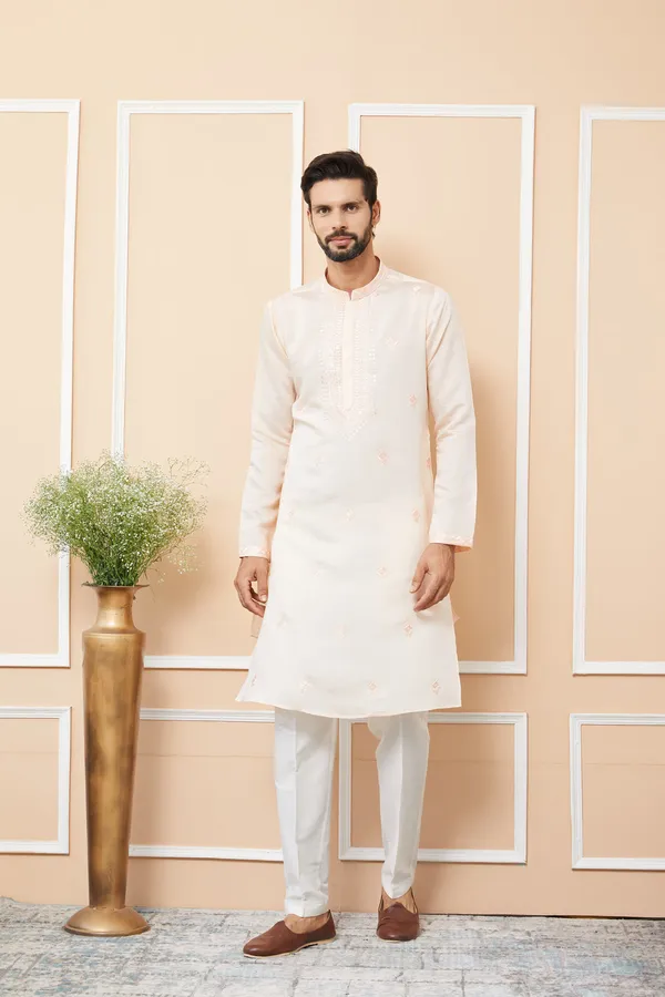 Peach_Embroidered_Chanderi_Silk_Straight_Kurta_with_Pyjama