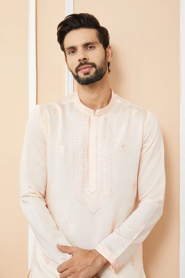 Peach_Embroidered_Chanderi_Silk_Straight_Kurta_with_Pyjama