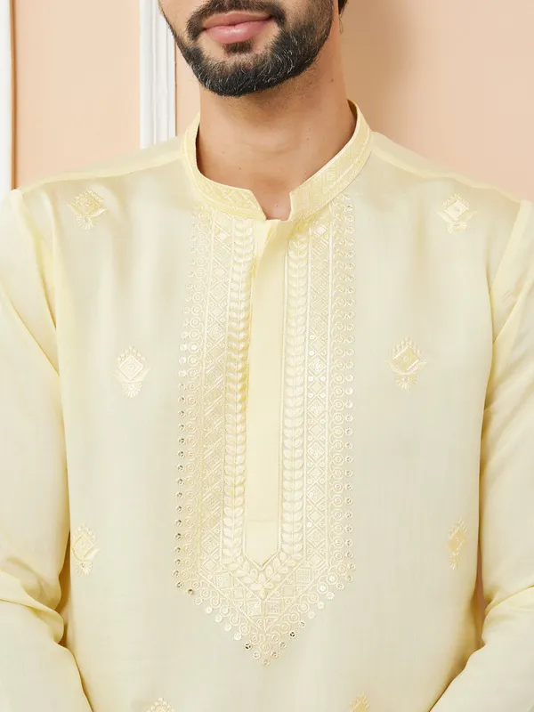 Yellow_Embroidered_Chanderi_Silk_Straight_Kurta_with_Pyjama
