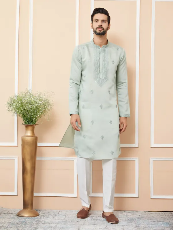 Pastel_Green_Embroidered_Chanderi_Silk_Straight_Kurta_With_Pyjama