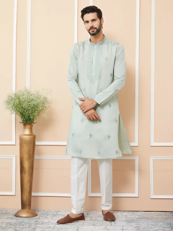 Pastel_Green_Embroidered_Chanderi_Silk_Straight_Kurta_With_Pyjama