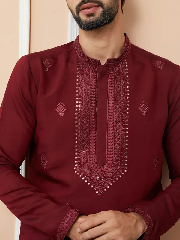 Dark_Maroon_Embroidered_Chanderi_Silk_Straight_Kurta_with_Pyjama
