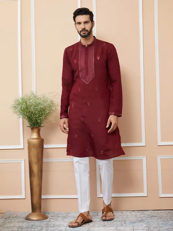 Dark_Maroon_Embroidered_Chanderi_Silk_Straight_Kurta_with_Pyjama