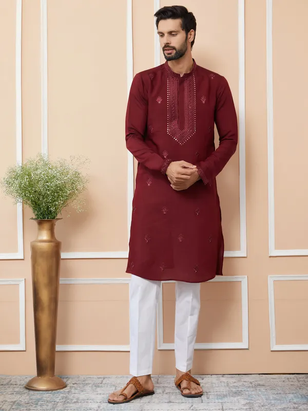 Dark_Maroon_Embroidered_Chanderi_Silk_Straight_Kurta_With_Pyjama