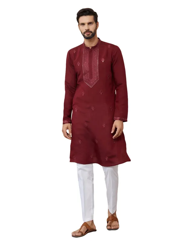 Dark_Maroon_Embroidered_Chanderi_Silk_Straight_Kurta_With_Pyjama