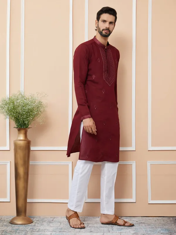Dark_Maroon_Embroidered_Chanderi_Silk_Straight_Kurta_with_Pyjama