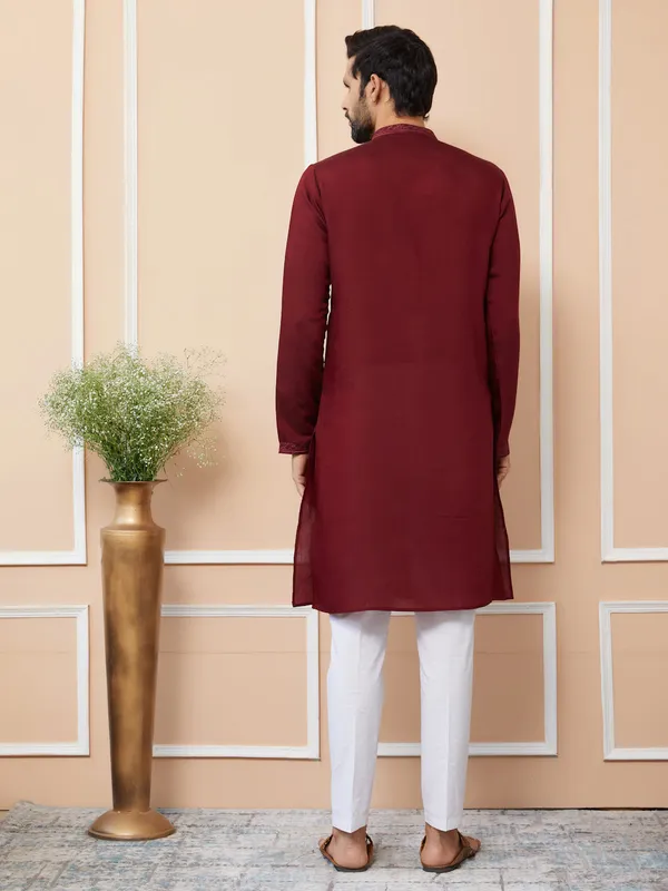 Dark_Maroon_Embroidered_Chanderi_Silk_Straight_Kurta