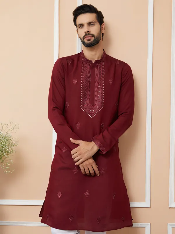 Dark_Maroon_Embroidered_Chanderi_Silk_Straight_Kurta