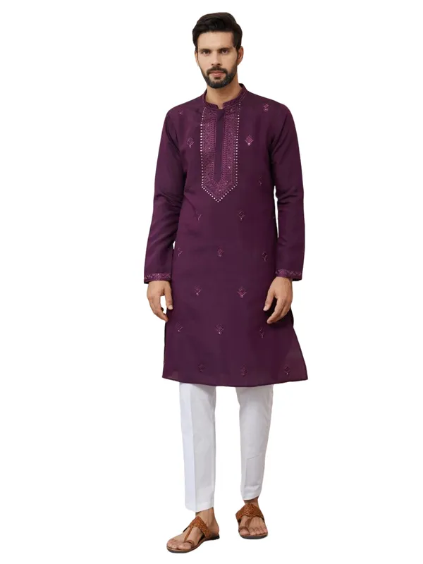 Dark_Purple_Embroidered_Chanderi_Silk_Straight_Kurta_with_Pyjama