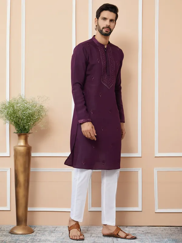 Dark_Purple_Embroidered_Chanderi_Silk_Straight_Kurta_With_Pyjama