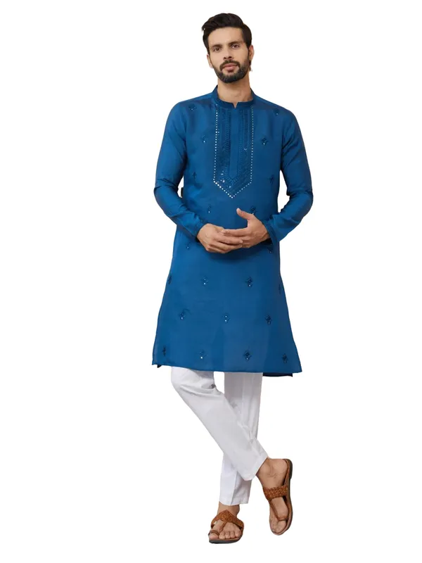 Dark_Blue_Embroidered_Chanderi_Silk_Straight_Kurta_with_Pyjama