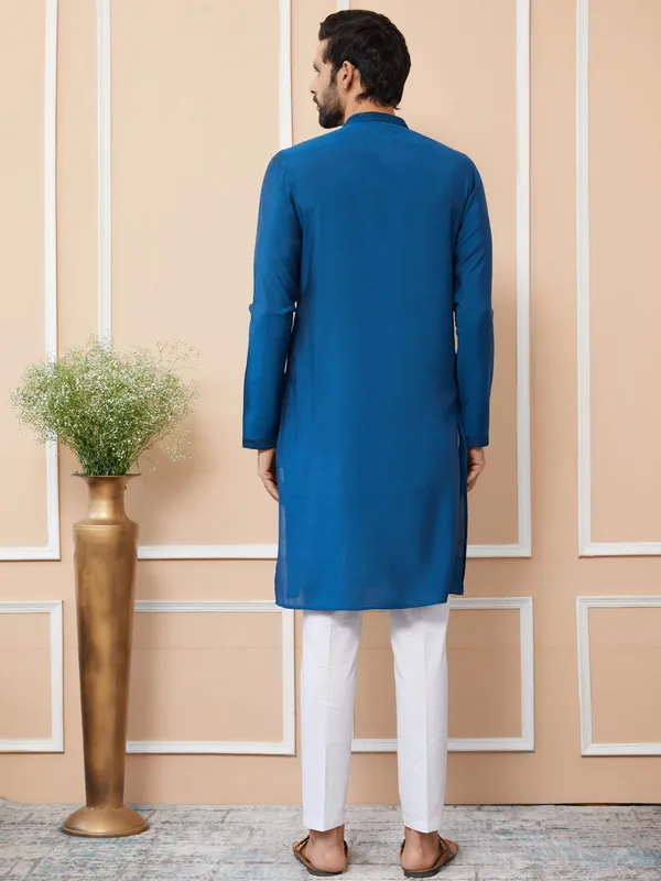 Dark_Blue_Embroidered_Chanderi_Silk_Straight_Kurta_with_Pyjama
