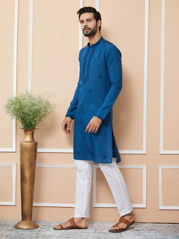 Dark_Blue_Embroidered_Chanderi_Silk_Straight_Kurta_with_Pyjama